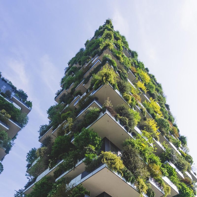 A tall building with lots of plants, showing green living